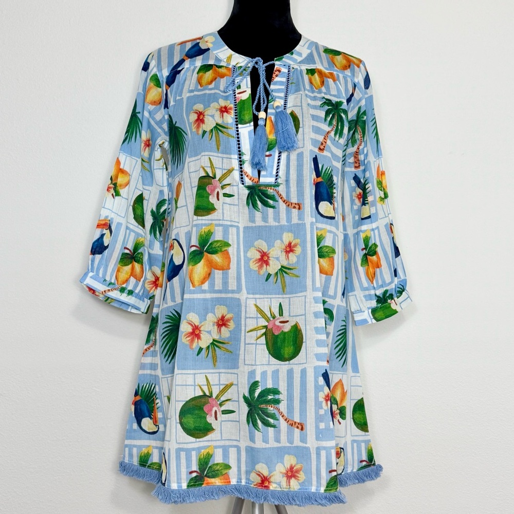 True Destinations Cotton Relaxed Fit Tropical Print 3/4 Sleeves Mini Coverup, S